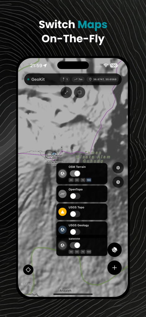 GeoKit: Geology Toolkit - GeoKit app interface showing various geological and topographic map layers for field mapping