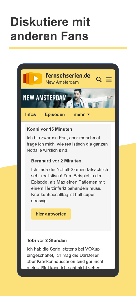 fernsehserien.de - Interface de l'application mobile montrant un forum de fans où les utilisateurs discutent des épisodes de la série New Amsterdam