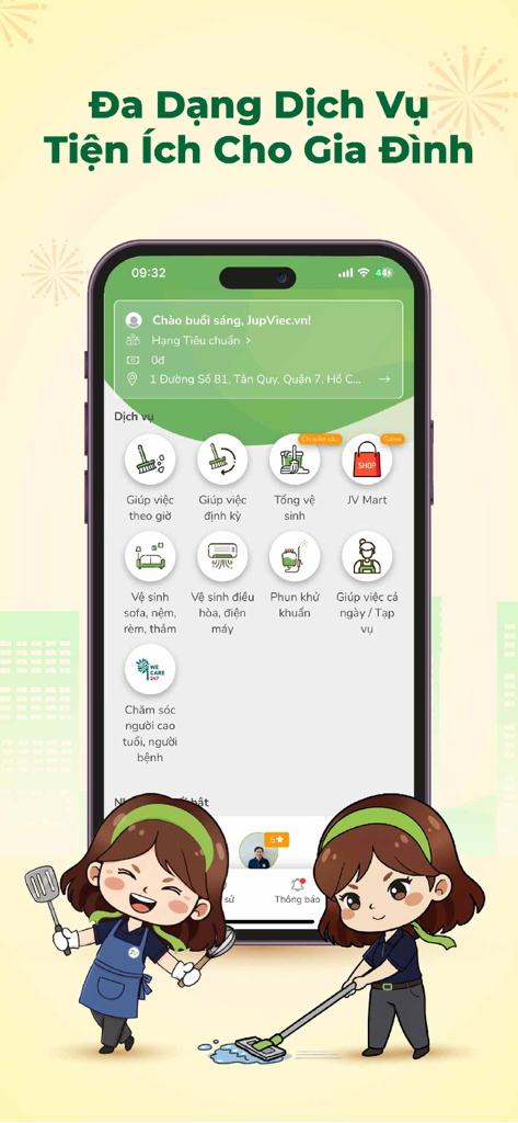 Mobile app interface of JupViec showing various icons for on-demand household services like cleaning and laundry