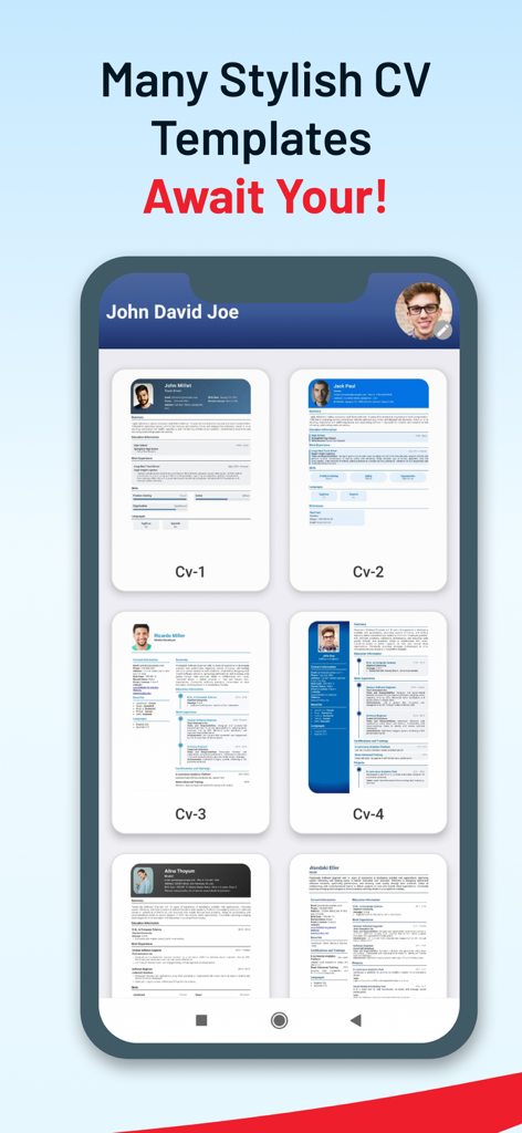 Boost CV & AI Resume Builder - Mobile app screen displaying a variety of stylish and professional CV templates