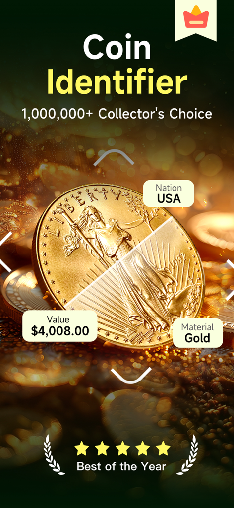 Go Coin Identifier: Coin Value - Go Coin Identifier app screen showing the value and origin of a rare gold coin