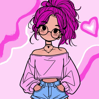 girl with a messy ponytail glasses a baggy crop top and jean shorts