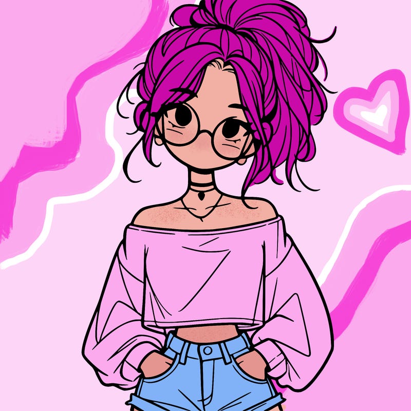 girl with a messy ponytail glasses a baggy crop top and jean shorts