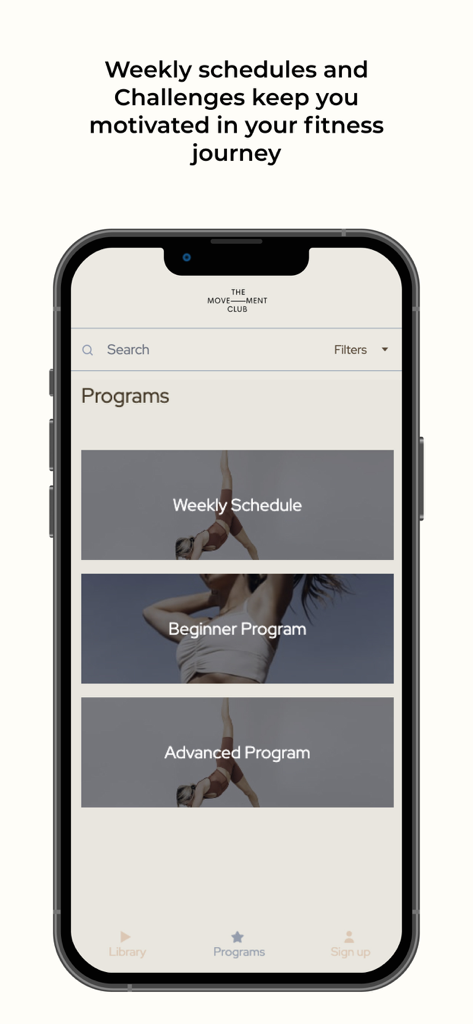 The Movement Club App - iPhone screen displaying The Movement Club app programs including Weekly Schedule, Beginner Program, and Advanced Program options.