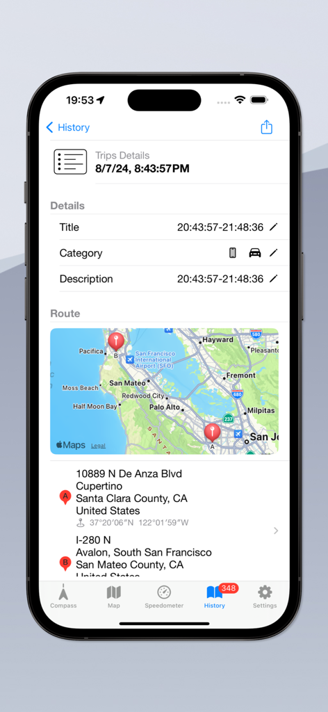 Speedometer GPS & Compass - Una pantalla de detalle del historial de viaje que muestra un mapa de ruta de Cupertino a South San Francisco con direcciones de inicio y fin del viaje