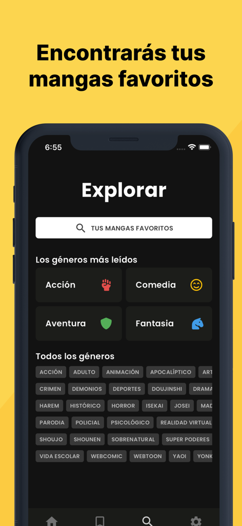 KanX app explore screen showing manga genre categories in Spanish