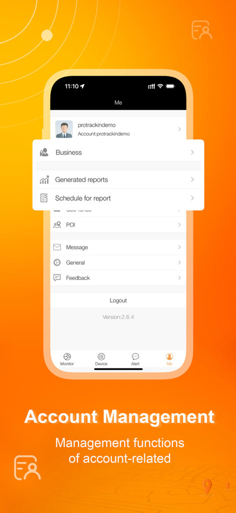 Protrack GPS - Protrack GPS App Kontoverwaltungsbildschirm mit Berichts- und Geschäftseinstellungen.