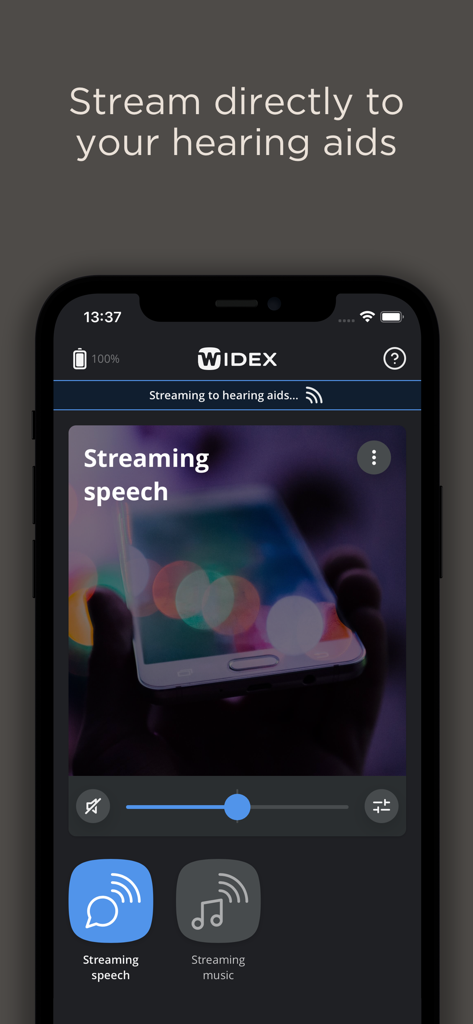 WIDEX MOMENT app interface showing direct audio streaming to hearing aids for speech and music