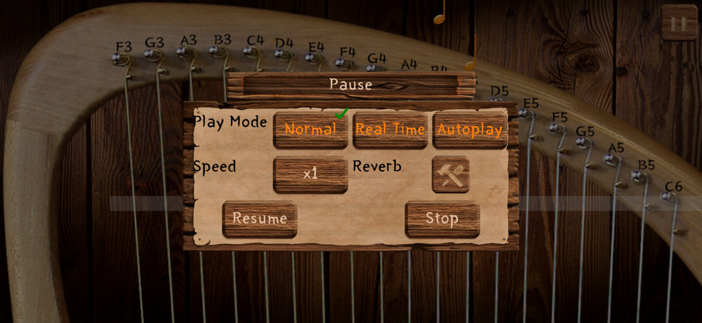 Lyre Harp Real - A pause menu in the Lyre Harp Real app showing play mode options and reverb settings over a wooden 19 string lyre background.