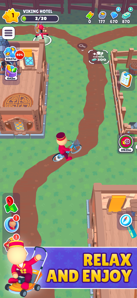 Top down view of a manager character on a bicycle in a Viking themed hotel resort