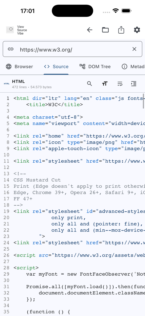 View Source Vibe - La aplicación View Source Vibe mostrando el código fuente HTML con resaltado de sintaxis en un dispositivo móvil.