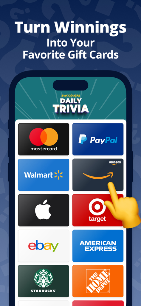 Swagbucks Daily Trivia rewards screen featuring various gift cards like Amazon, PayPal, and Walmart.