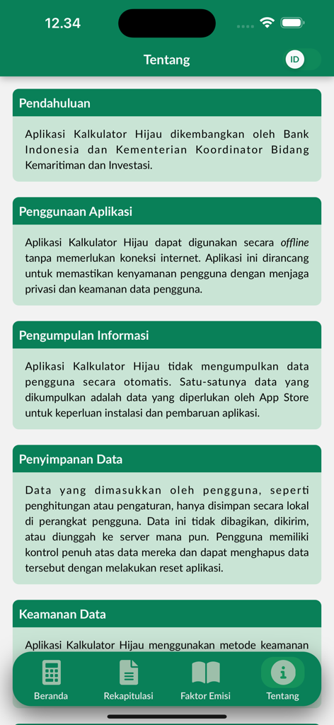 About section of the Kalkulator Hijau app displaying information about data privacy and security policies