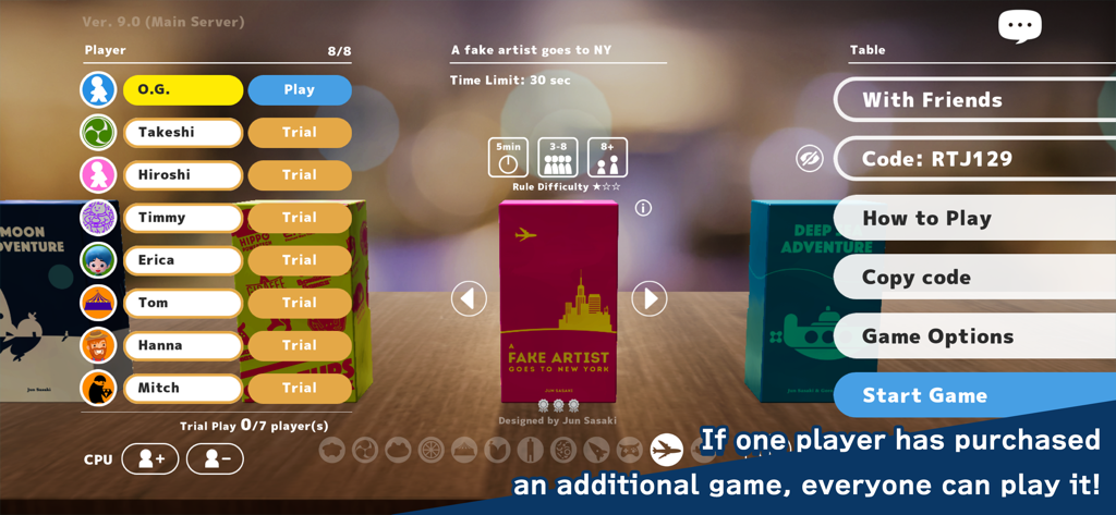 Let's Play! Oink Games - Multiplayer lobby screen of Lets Play Oink Games showing the game selection and a list of players joined in a session