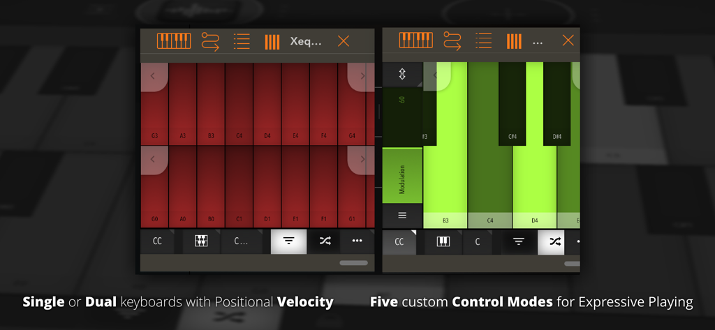 Xequence AU Keys interface showing dual keyboard layouts and expressive MIDI control modes for mobile music production