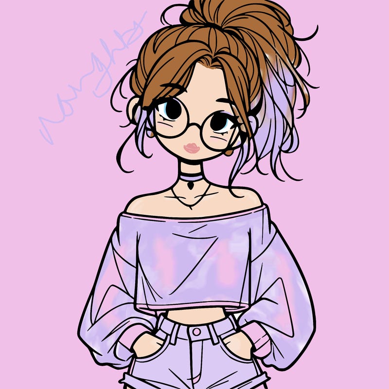 girl with a messy ponytail glasses a baggy crop top and jean shorts