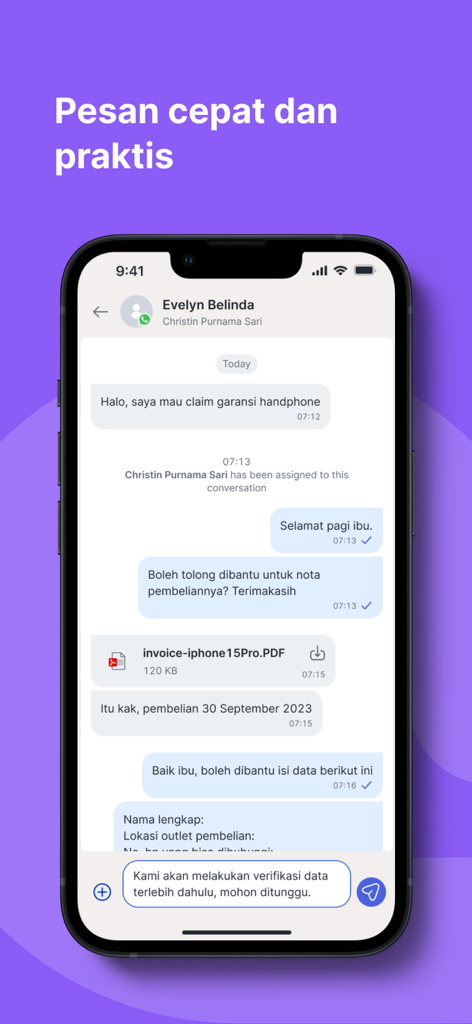 Mobile chat interface of Qontak Chat showing a business conversation and a shared PDF document on a smartphone