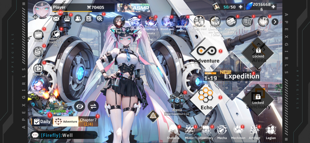 Apex Girls - Interface du menu principal d'Apex Girls présentant un personnage de mecha-maiden d'anime avec diverses options de modes de jeu