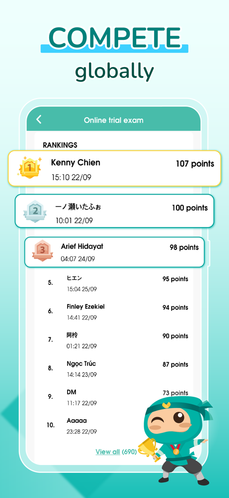 Migii JLPT app global leaderboard showing top user rankings and scores for the online trial exam