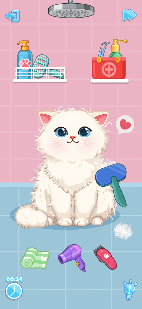 Tidy Up: Perfect Games - A fluffy white cat being brushed in a satisfying grooming puzzle level