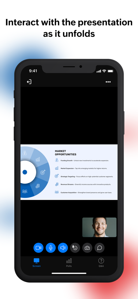 Zoho Webinar mobile app interface showing a business presentation slide and attendee interaction tools