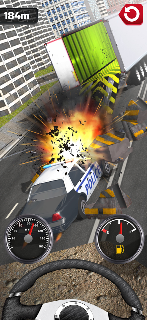 A police car crashing through barriers with a large explosion in Plane Chase