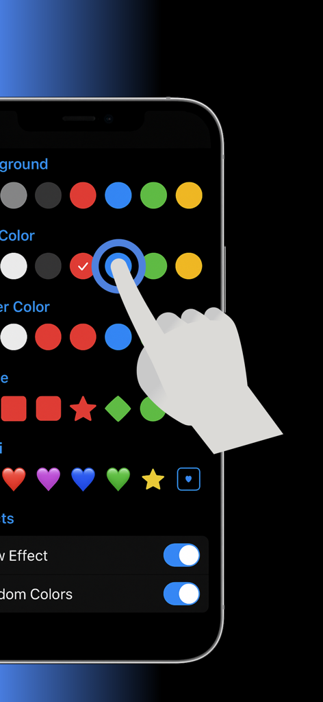 Finger Chooser - Random Finger - Pantalla de personalización de la aplicación Finger Chooser que muestra opciones de colores, formas y efectos visuales