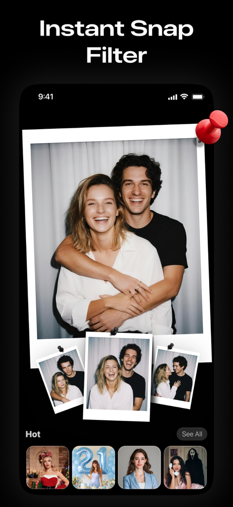 Mobile app interface showing instant snap filters with couple photos in polaroid frames.