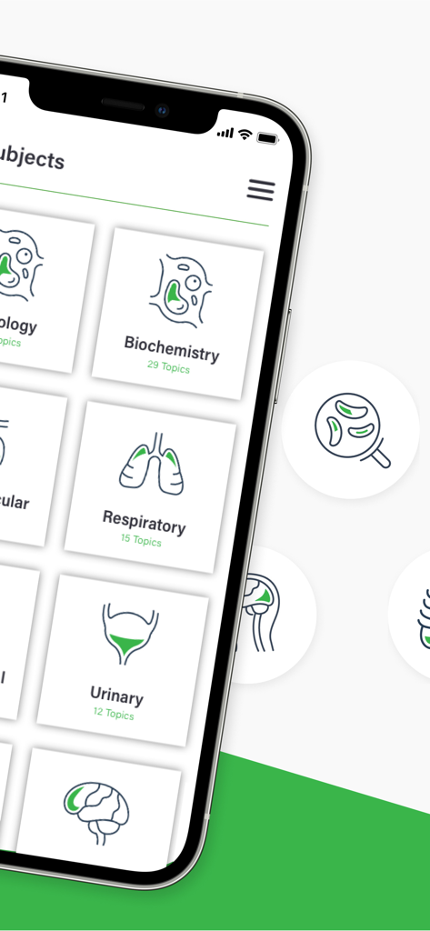 TeachMe Physiology app screen showing subjects like Biochemistry Respiratory and Urinary with icons
