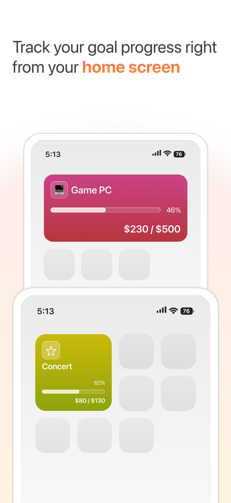 Goal Tracker: Save & Budget - iPhone home screen with colorful widgets showing savings progress for a gaming PC and a concert