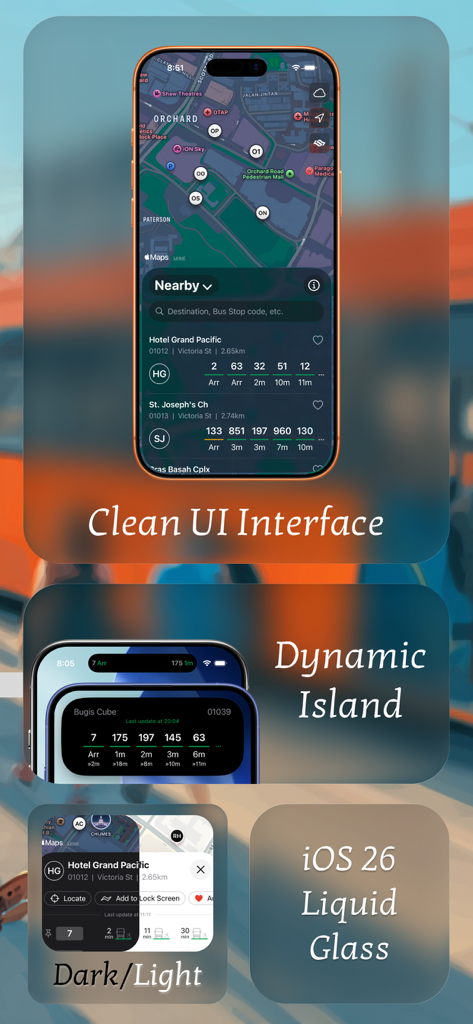 Arriving: SG Bus Timing - Showcase of Arriving SG Bus Timing app interface including map view Dynamic Island support and dark light mode options