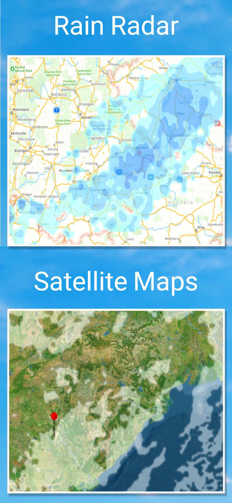 Rain radar and satellite map views within the 14 days Weather app