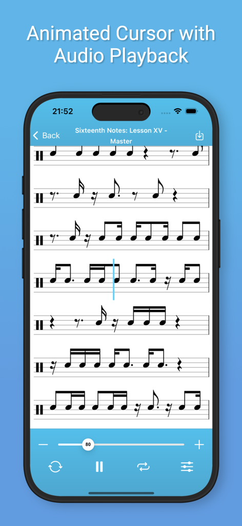 Pantalla de la aplicación Coryvo que muestra ritmos musicales con un cursor animado y controles de reproducción de audio
