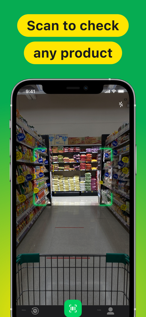 A smartphone displaying the Food Scanner app barcode scanning feature in a grocery store aisle