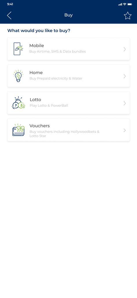 African Bank app screen showing options to purchase mobile airtime, prepaid home electricity and water, lotto tickets, and shopping vouchers.