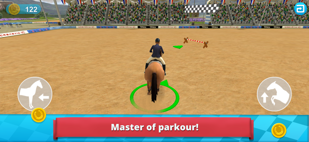 Un cavallo e un cavaliere che si preparano a saltare un ostacolo in uno stadio affollato all'interno del gioco per dispositivi mobili Horse World Show Jumping.