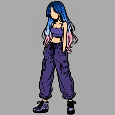 girl in baggy pants crop top and long hair