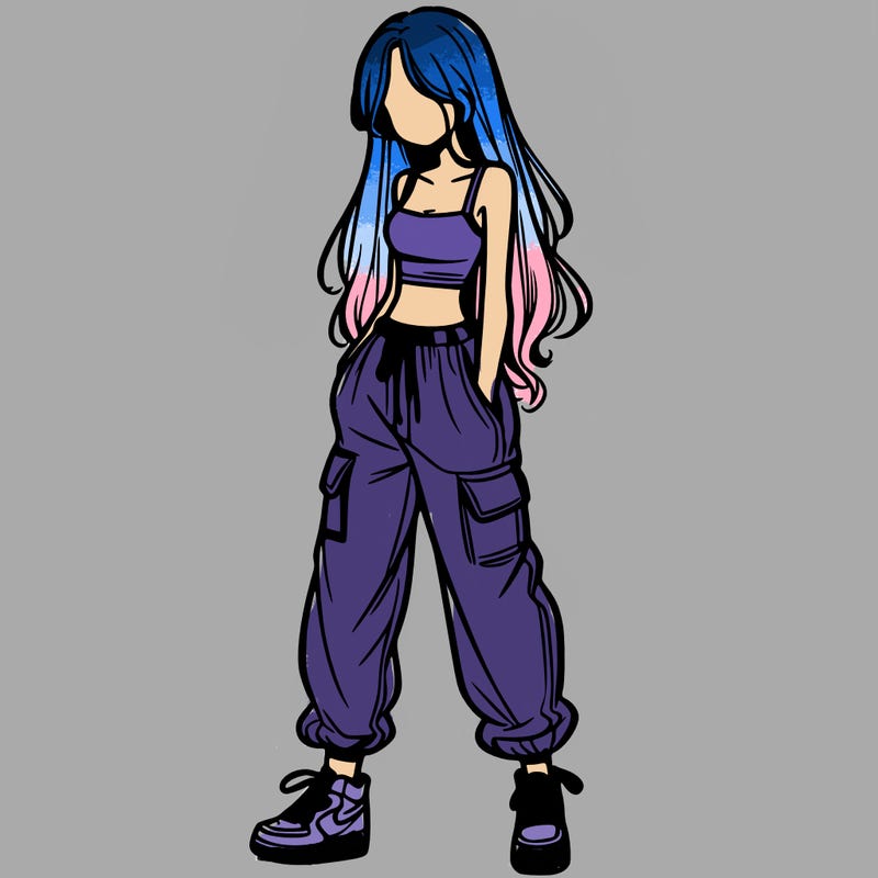 girl in baggy pants crop top and long hair