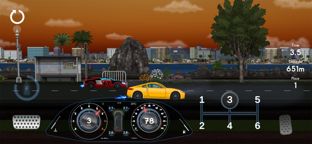 Car Manual Shift 4 - Drag racing gameplay in Car Manual Shift 4 showing city landscape and manual gearbox controls