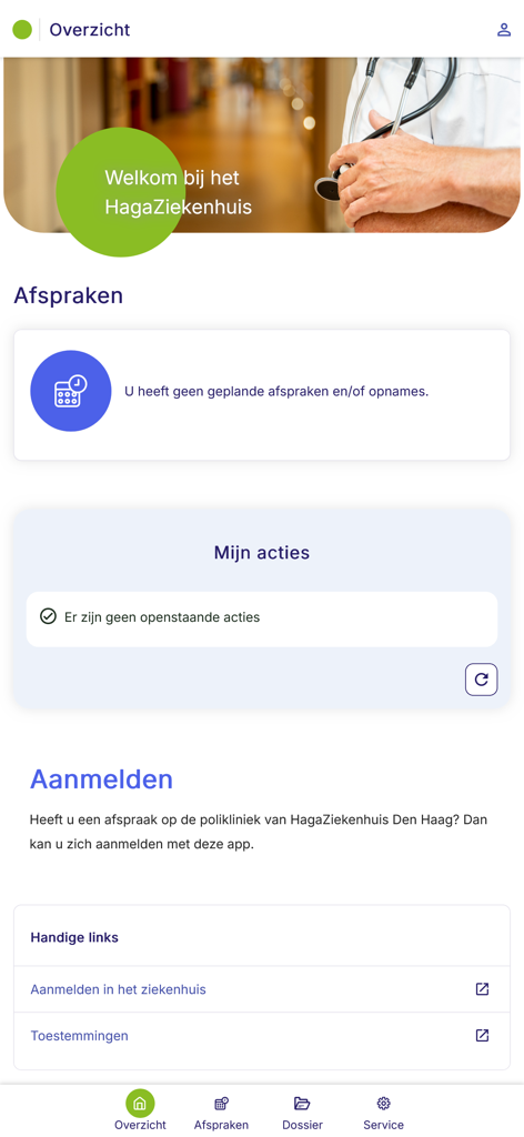 MijnHaga - Dashboard of the MijnHaga patient portal app showing an overview of appointments and medical actions
