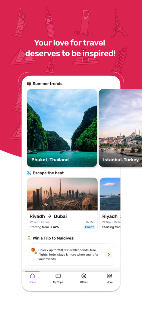 almatar: Book. Travel. Save - La schermata principale dell'app di viaggi almatar con offerte di voli e destinazioni di vacanza di tendenza.