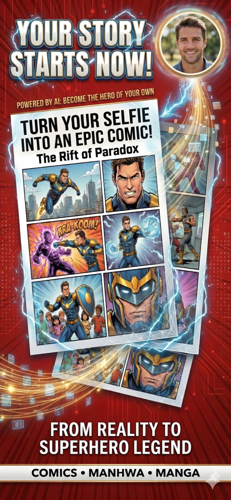 El retrato de un hombre convertido en un panel profesional de cómic de superhéroes titulado 'La Grieta de la Paradoja'.