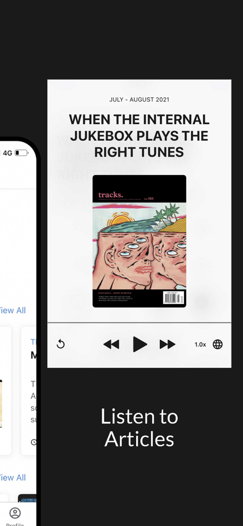 Tracks Magazine - Tracks Magazine app screen showing the listen to articles audio player feature