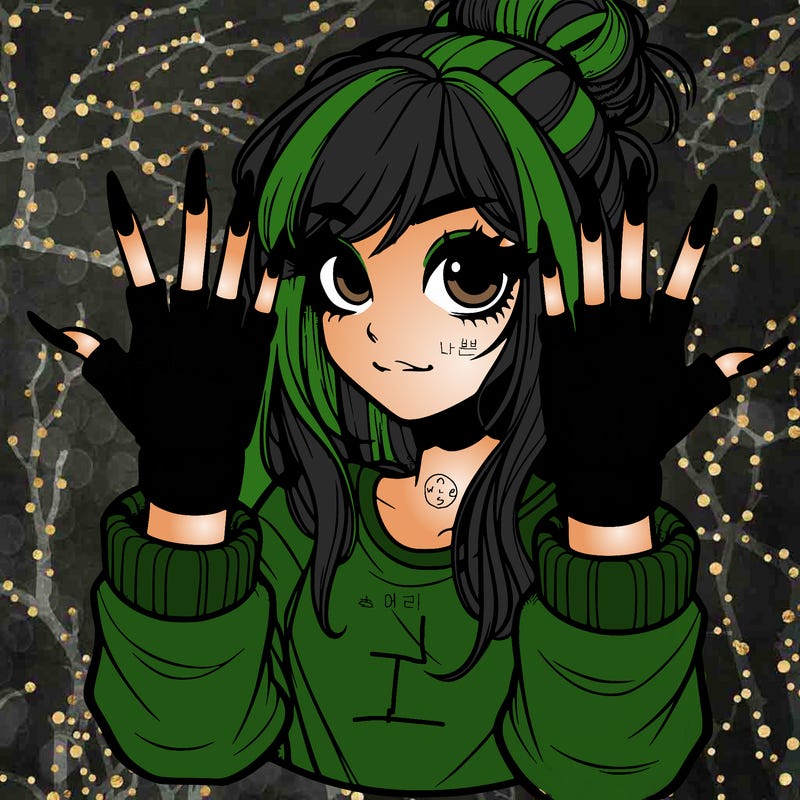 girl with fingerless gloves putting up the metal sign the girl has long nails and a messy bun