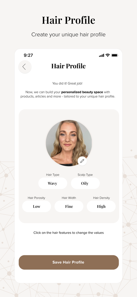 Compar - AI Hair Care Advisor - A user hair profile summary in the Compar app displaying personalized hair type and scalp characteristics