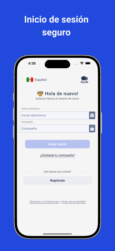 Mi Saldo - Secure login screen for the Mi Saldo app featuring email and password input fields and a registration button