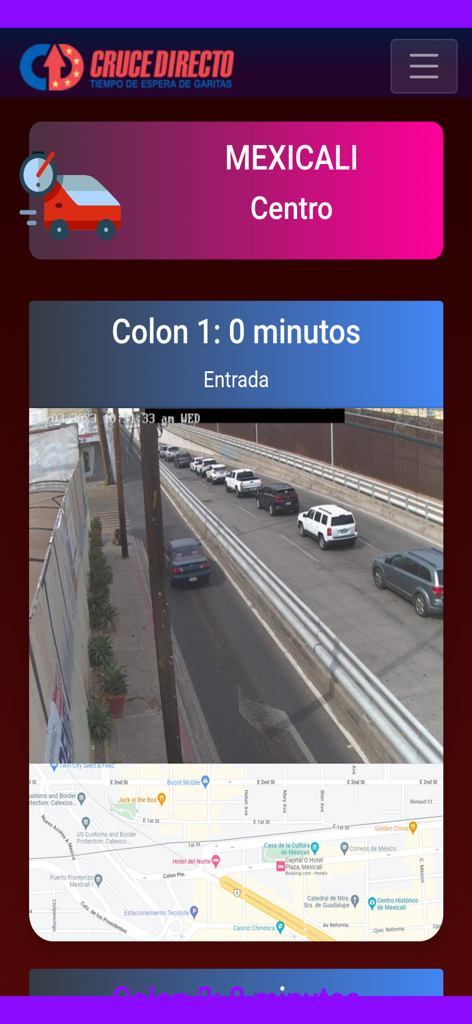 Cruce Directo Garitas - Cruce Directo Garitas app interface showing live camera feed and wait times for the Mexicali border crossing