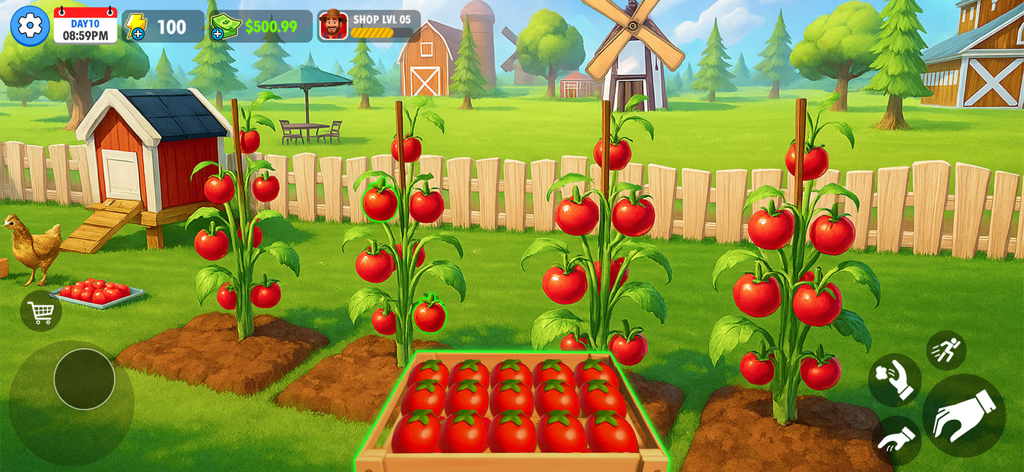 Farm Supermarket Simulator - A farm scene with tomato plants and a chicken coop in Farm Supermarket Simulator.