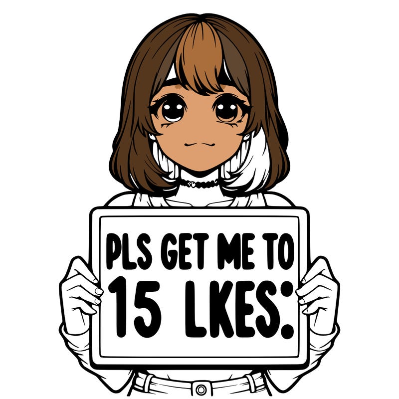 realistic girl holding up a sign that says “pls get me to 15 likes!”