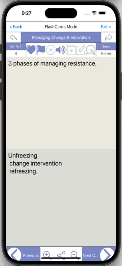 Flashcard mode in the Business and Leadership BBA MBA app showing notes on managing change and innovation.